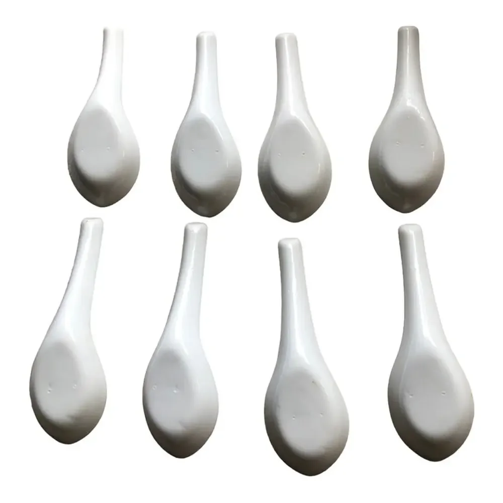 Asian Soup Spoons Set of 8 White Ceramic Chinese Rice Porcelain Flat Bottom